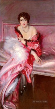  old Oil Painting - Portrait Of Madame Juillard In Red genre Giovanni Boldini